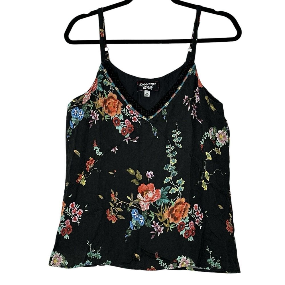 Johnny Was Top XS Spaghetti Strap Sleeveless Floral Black Cami‎ Tassels Boho